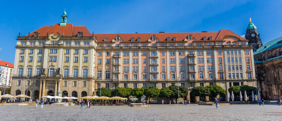 Panorama of historic buildings at the Altmarkt square in Dresden, Germany