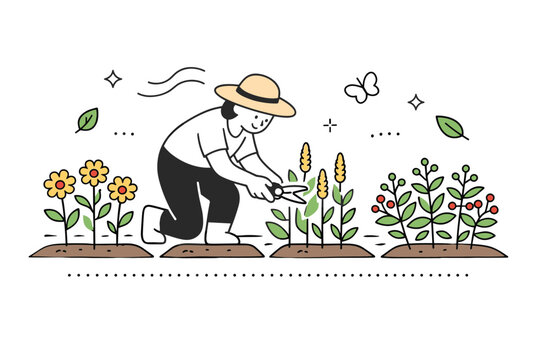 Natural dye garden tending. A person watering or trimming dye plants like madder, weld, or coreopsis in neat rows, showing mindful cultivation and sustainable