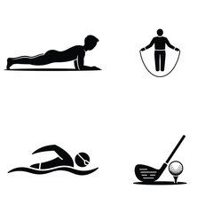 Black silhouette sport and fitness icons set with swimming golf and exercise isolated on white