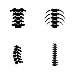 Black silhouette human spine and vertebrae icons set isolated on white for orthopedic design