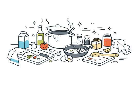 Messy kitchen after cooking. Pots and utensils are left out, ingredients partially used, and towels casually draped nearby. The scene captures the moment right