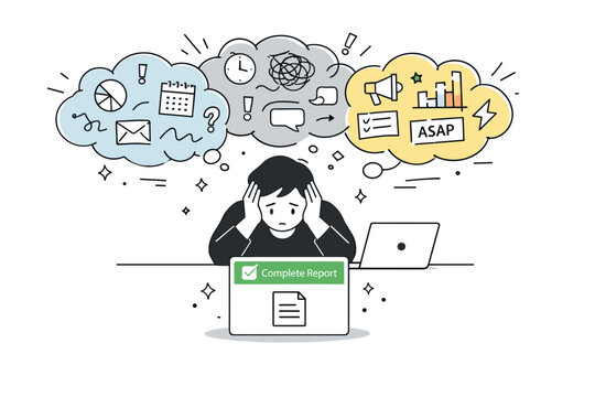 Focused Amidst Chaos. Cognitive overload at work. A contrast scene where chaotic information clouds hover above a worker, while a small clear task card is