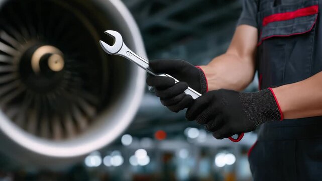 295Close-up of hands in gloves handling tools near an aircraft engine, showcasing maintenance and precision work in aviation, diagonal composition with hands in action, wrench aligned