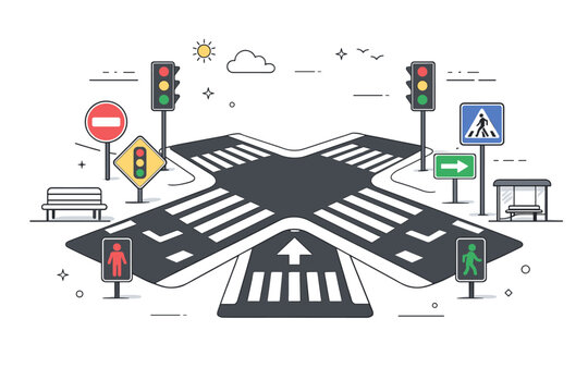 Underused urban infrastructure. A network of crosswalks and signs in perfect condition with no visible users. Urban flow designed but paused. Minimalist flat