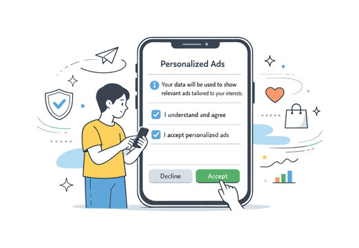 User accepts personalized ads on smartphone screen with consent checkboxes and buttons