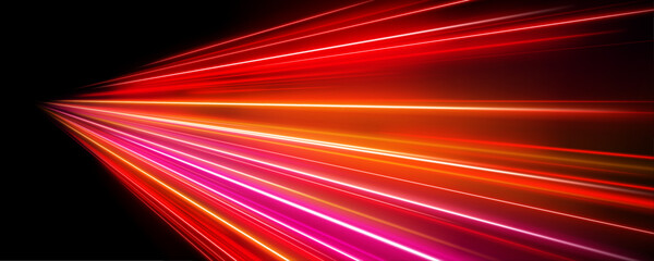 Red neon ribbons flow along a night highway panorama. Dynamic trails highlight acceleration, motion, and cyber energy. Ideal for tech visuals.