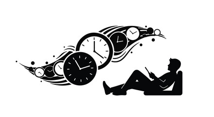 relaxed man reading book with clock time concept