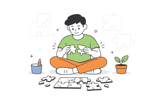 Learning from failure. Broken puzzle pieces being carefully reassembled by a character, symbolizing resilience and problem-solving. The illustration conveys