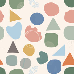 Abstract seamless pattern with colorful shapes and geometric elements on a cream background., patern seamless, royalty stock.