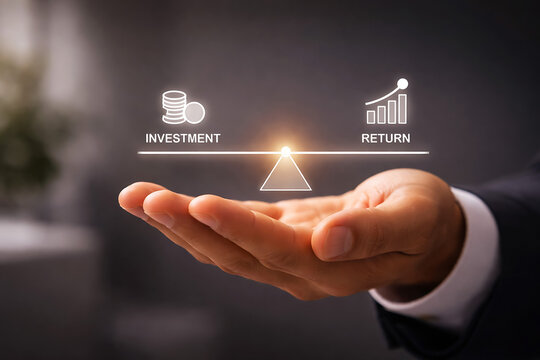 Hand balancing investment and return on a scale image