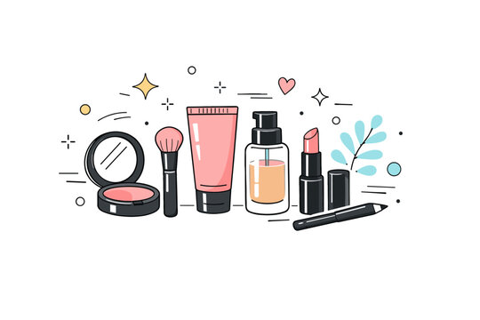 Cosmetics backgrounds. Modern beauty composition with minimal makeup items and abstract decorative elements floating around. Light fashionable mood with