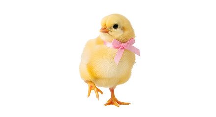 Obraz premium A cute yellow chick standing on a transparent background with a pink bow around its neck