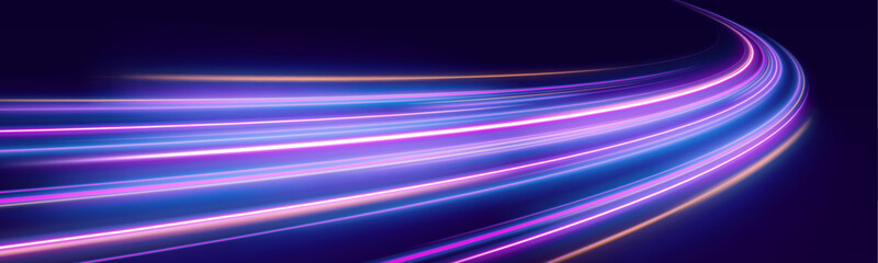 Pink and blue neon arcs flow along a panoramic night road. Dynamic light trails convey speed, energy, and futuristic urban motion. Ideal for tech visuals. © goldstock