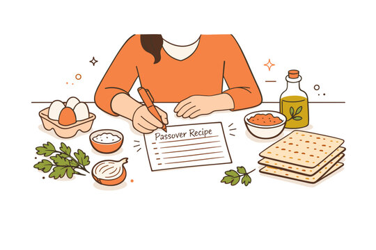Passover Cooking Ritual. Passover cooking scene. A person writing a recipe card at a simple table with ingredients like eggs, herbs, and matzah around,