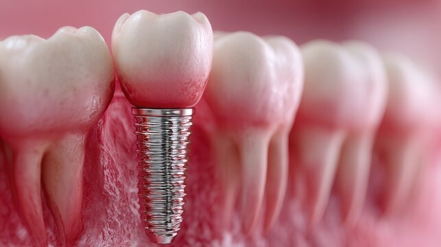 dental implant inserted in the gum with natural teeth around, 3D realistic render, detailed medical visualization