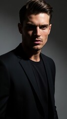 Fototapeta premium Portrait of a handsome man in a black jacket and tee, lit dramatically