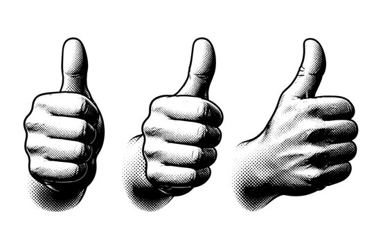 Hand gesture thumbs up illustrated as one human hand object displayed in three positional views focusing on thumb prominence and palm mass.