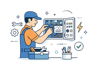 Electrician working on electrical panel with tools and equipment, illustration