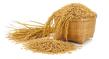woven basket filled with rice grains and stalks