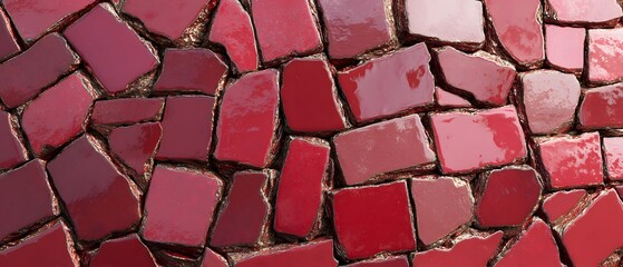 A wall mosaic of irregular shaped glossy red tiles forming a textured background