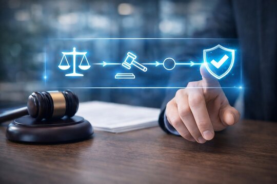 Legal case review process with gavel and compliance timeline hologram