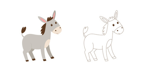 Cute donkey vector illustration with outline version. Farm animal cartoon character. Colored and black and white coloring page design isolated on background.