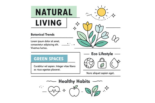 Graphic design trends nature inspired design example. Botanical elements combined with clean typography blocks and layout grids. Modern