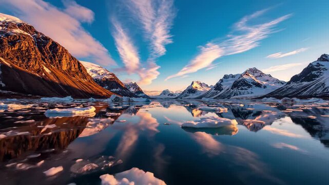 Dramatic sunset over arctic fjord with ice floes and snowcapped mountains