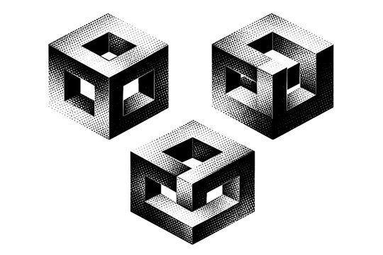 Optical illusion object ambiguous depth cube, a geometric solid designed to flip perceived foreground and background relationships, presented