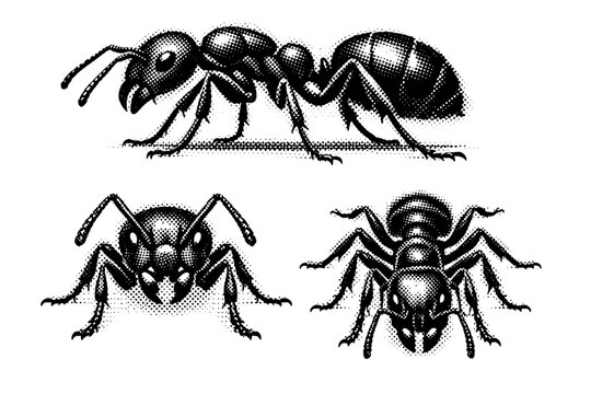 Macro Ant Triptych. Insect macro object ant with clearly defined head, thorax, abdomen, and bent legs shown in three distinct profile orientations. Black and