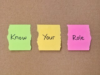 Know Your Role concept on colorful torn paper notes. Ideal for concepts of teamwork, job responsibility, career guidance, and organizational structure