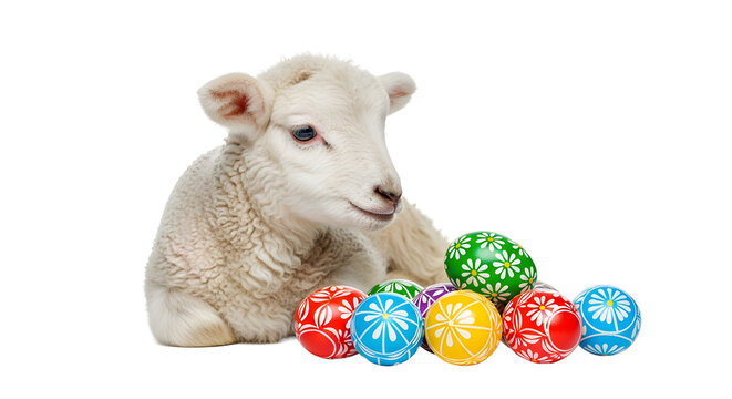 A cute white lamb lying down with colorful Easter eggs on transparent background