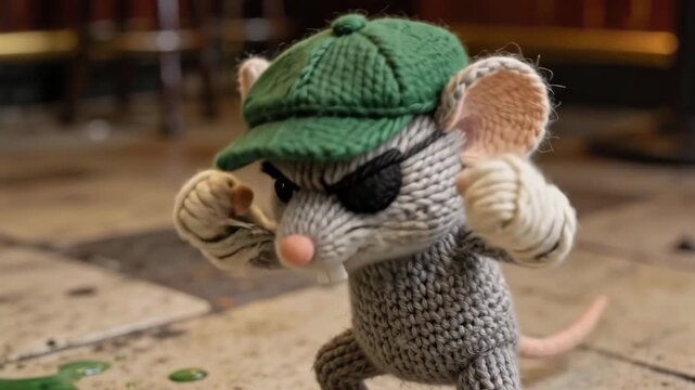 Angry knitted mouse with green cap, eye patch, and green spill for St. Patricks Day celebration of mischief