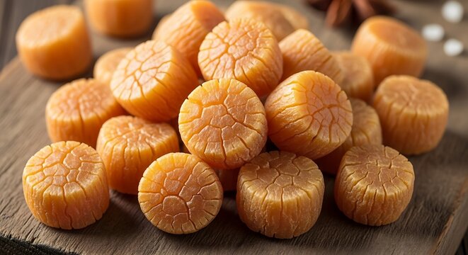 Close up of dried scallops on wooden surface ready for culinary uses