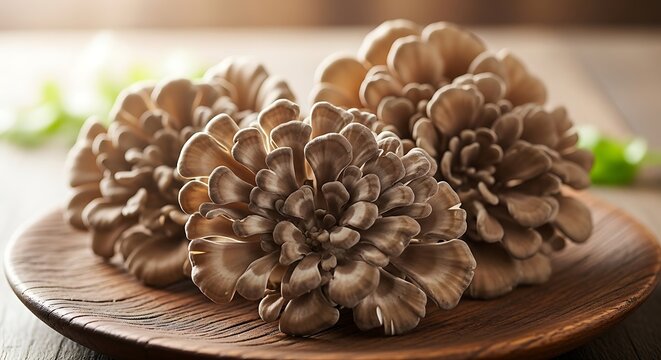 Close up of fresh maitake mushrooms on wooden plate for culinary display