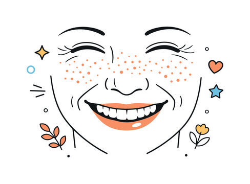 Joyful face with freckles and decorative elements, a celebration of natural beauty and happiness