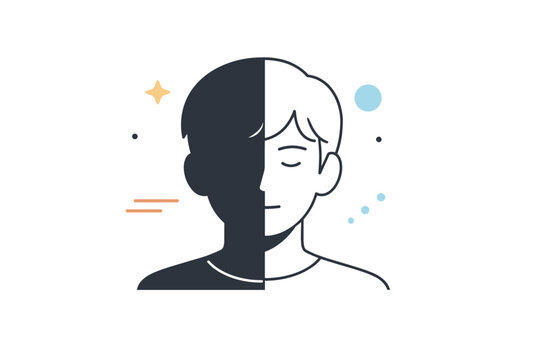People half-lit faces. A person shown in profile with soft shadow covering half of the face, calm neutral expression. Quiet introspection