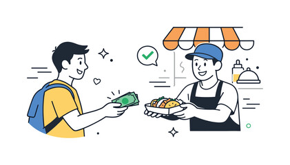 Customer buying street food from vendor, paying with cash, transaction complete