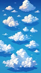 Stylized view upwards to a clear blue sky with many soft, puffy white clouds floating at varying distances
