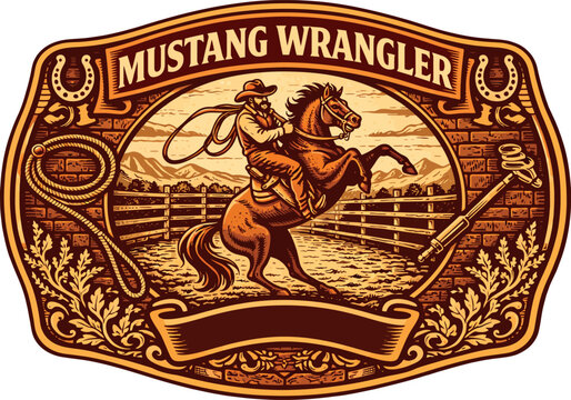 Mustang Wrangler Cowboy Vintage Belt Buckle Vector