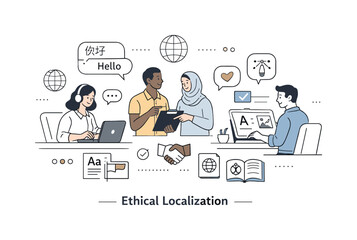 Diverse team collaborating on global communication and language localization projects