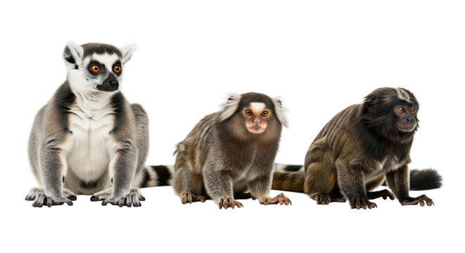 Three small primates sitting next to each other isolated on transparent background