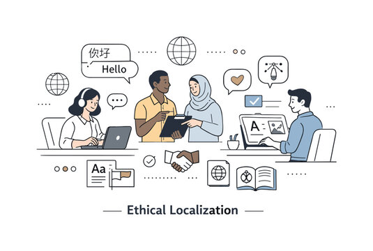 Diverse team collaborating on global communication and language localization projects