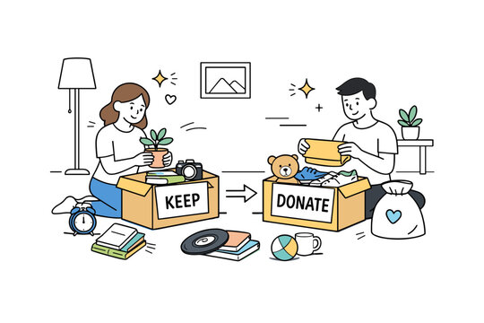 Spring cleaning at home. Friendly scene of sorting items into keep and donate boxes in a living room. Calm organization process with labels,