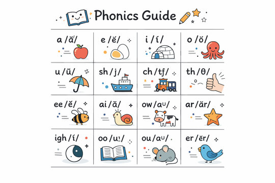 Child-friendly phonics guide. A bright but calm chart combining letters, sound marks, and small illustrations. The scene represents playful