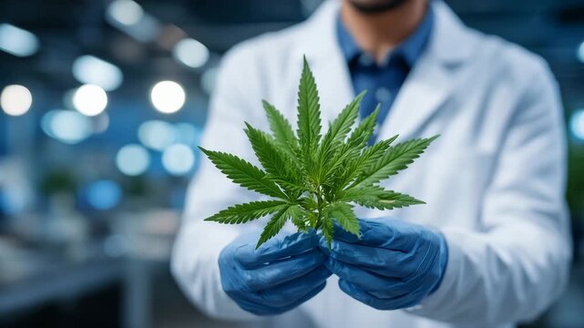 A person in a lab coat holds a large green cannabis leaf, showcasing its distinct serrated edges in a well-lit environment, diagonal composition with leaf centered, hands at corner