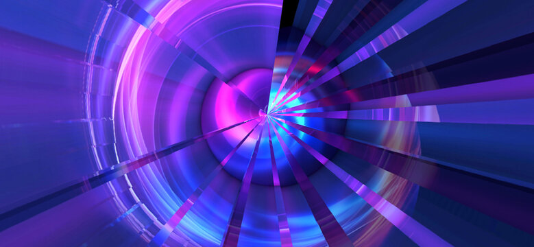 Neon lights cut through the dark background, creating patterns that convey movement and energy. Bright lines draw the eye to the center, inviting exploration.