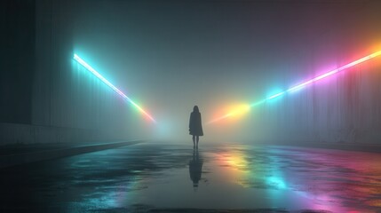 Obraz premium Wide angle shot of a colorful underground tunnel with a lone female silhouette and reflective water surface, dramatic shadows, ultra-realistic.