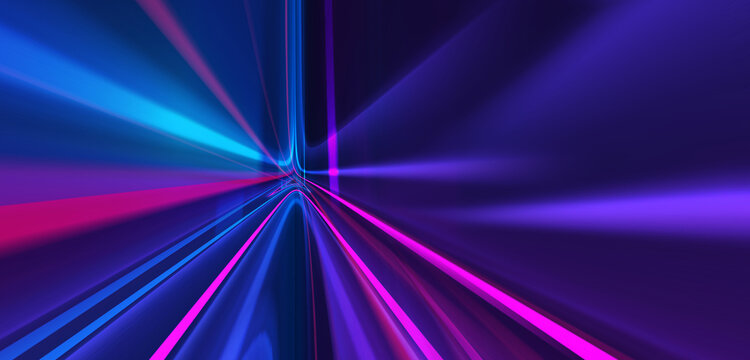 Dark abstract futuristic background. The geometric shape of a triangle in the middle of the scene. Neon blue-pink rays of light on a dark background