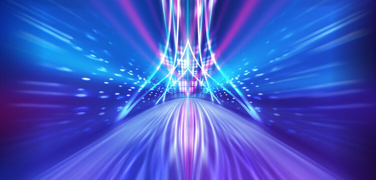 Dark abstract futuristic background. The geometric shape of a triangle in the middle of the scene. Neon blue-pink rays of light on a dark background